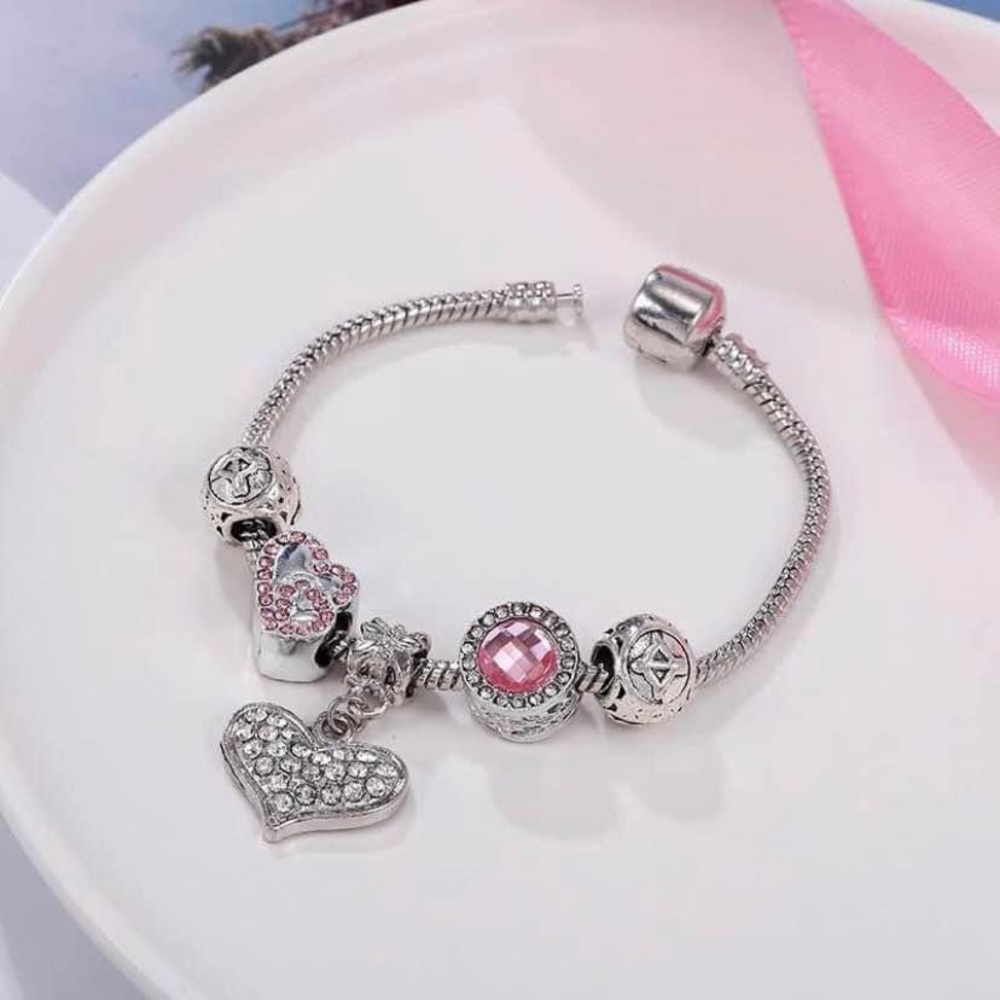 925 Silver Plated Crystal Love Heart Charm Bracelet for Women